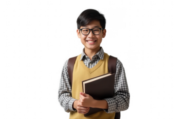 Smiling asian student in glasses holding a book, isolated on transparent background.
