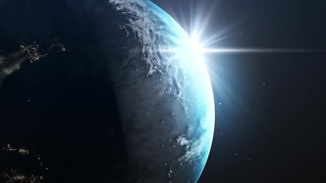 Planet earth rotating in deep space, beautiful view of continents and night cities. Sun over realistic planet spinning 360 degrees. Looped repeating infinite seamless looped animation. 4k footage