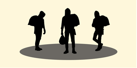 Graphic set silhouette of robber concept. 2D icon of man shadow dark. vector illustration.