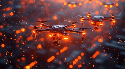 Drones flying over a cityscape with glowing lights.