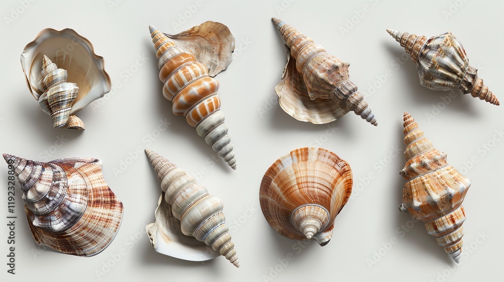Poster a collection of various seashells with intricate patterns and textures.