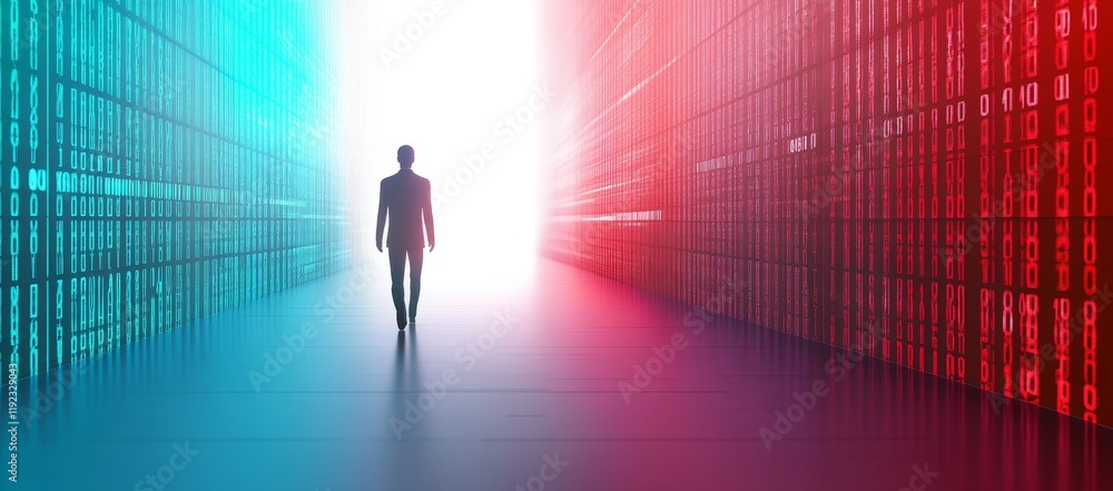 Poster digital human figure in front of abstract wall with glowing binary code, symbolizing ai and future t
