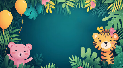 Pink bear and tiger cub surrounded by tropical leaves and balloons
