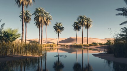 Obraz premium Serene reflection of palm trees in a desert oasis nature landscape photography calm environment tranquil viewpoint