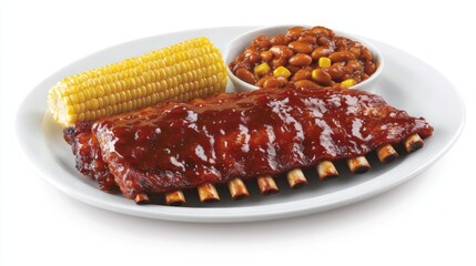 Obraz premium A beautifully plated portion of American-style ribs glazed with barbecue sauce, served with a side of corn on the cob and baked beans, showcasing the richness of American BBQ