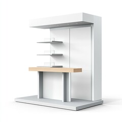 Modern white retail kiosk with wooden counter, shelves, and lighting.