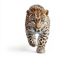Naklejka premium A front-view shot of a cheetah in mid-step, with piercing eye contact. The sleek, graceful predator is isolated on a white background, emphasizing its elegance and speed