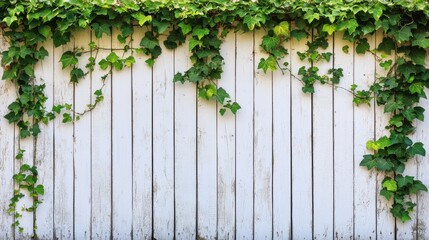Green Ivy Climbing on Rustic White Wooden Fence Background