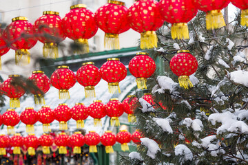 Chinese red Christmas lanterns on Tverskaya Street in Moscow. Close-up. The first ever meeting of the Chinese New Year 2024 in Moscow.