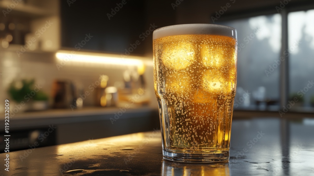 Poster a chilled beer glass with ice, condensation forming on the outside, placed on a countertop with a wa