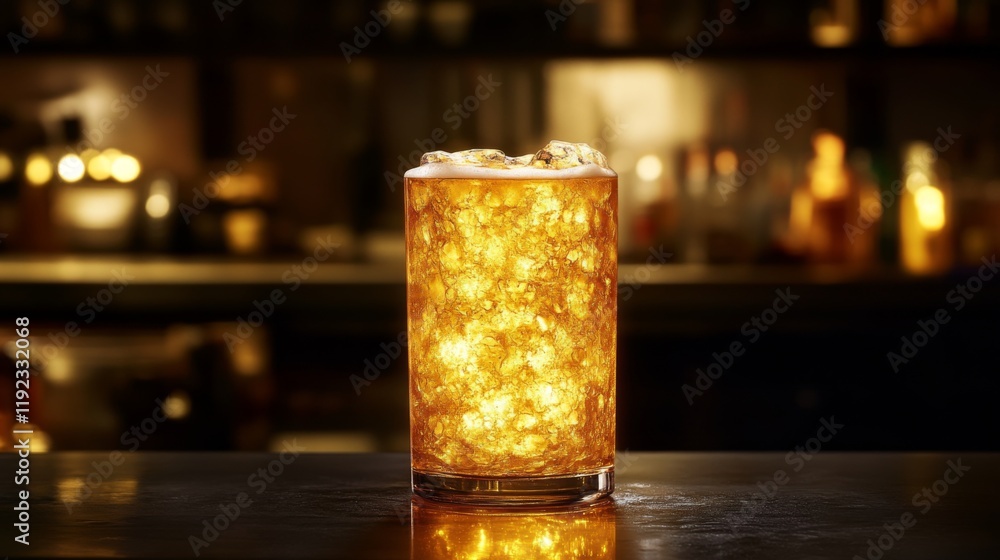 Poster a chilled beer glass with ice, condensation forming on the outside, placed on a countertop with a wa