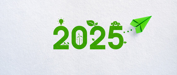 Green paper plane with energy environment 2025 icon on white background, Corporate Social...