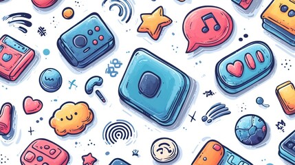 Fototapeta premium Colorful digital icons and symbols in a playful layout.