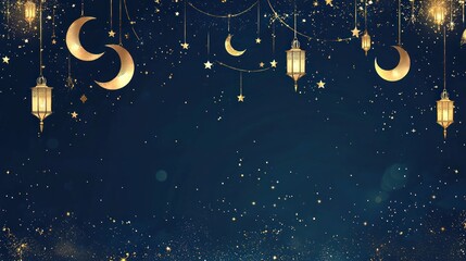 Naklejka premium Starry night with crescent moons and lanterns.