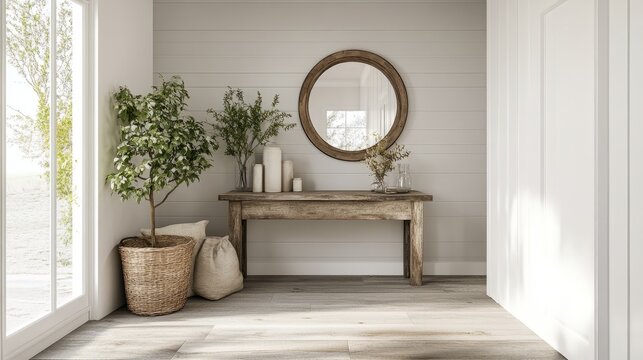 Fototapeta A stylish farmhouse entryway with gray plank flooring, soft gray walls, rustic console, round mirror, and plants, blending contemporary and rustic elements seamlessly