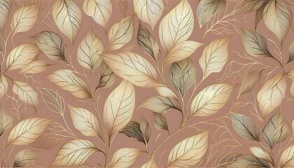 An intricate decorative design featuring gold leaves on a muted pink background, perfect for enhancing interiors, wallpapers, digital artworks, or custom stationary with a touch of luxury, beauty