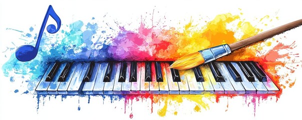 Artistic fusion of music and painting with colorful splashes