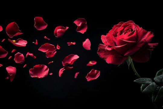 A rose with red petals is surrounded by a cloud of red petals