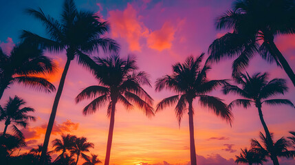 Obraz premium Palm Trees Silhouetted Against A Colorful Sunset, Featuring Brilliant Shades Of Pink And Purple In The Sky. Generative AI
