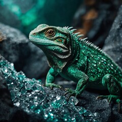 Obraz premium A lizard with emerald-green scales resting on a shimmering crystal in a fantasy cave.