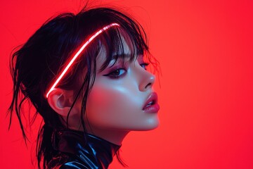 Striking futuristic portrait with neon lighting and glossy style