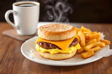 A breakfast fast food meal with a sausage, egg, and cheese muffin sandwich, golden hash browns, and a steaming cup of coffee