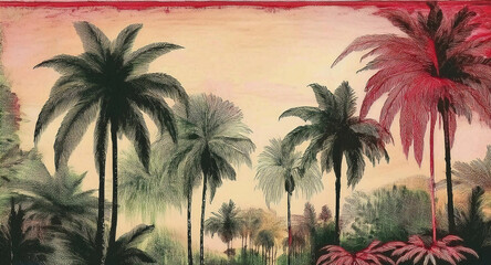 A serene and artistic depiction of tropical palm trees silhouetted against a vivid, colorful sky. The tranquil artwork evokes a sense of nature's beauty and tranquility. Wallpaper