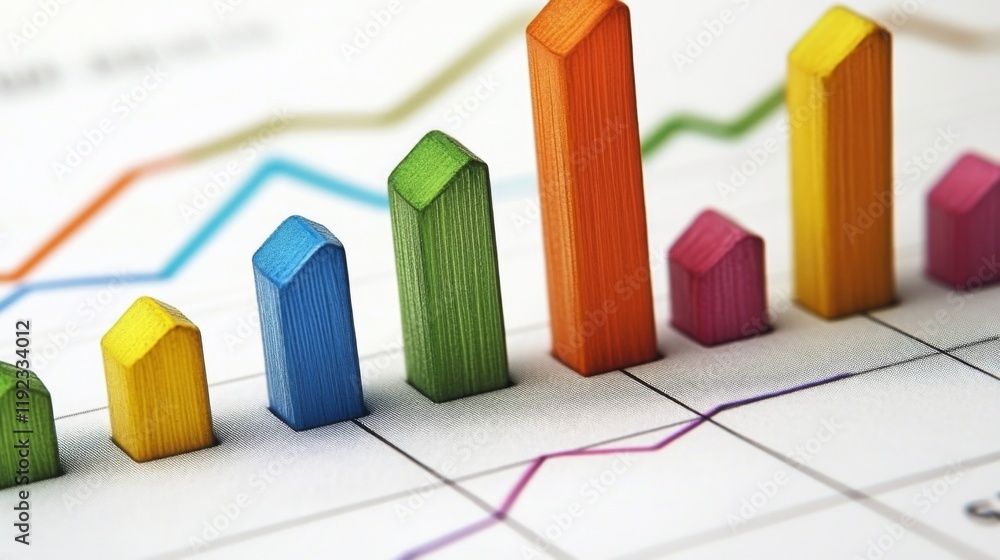 Poster a close-up of a financial bar graph on a digital screen showing rising values, with sharp, colorful 