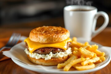 A breakfast fast food meal with a sausage, egg, and cheese muffin sandwich, golden hash browns, and a steaming cup of coffee