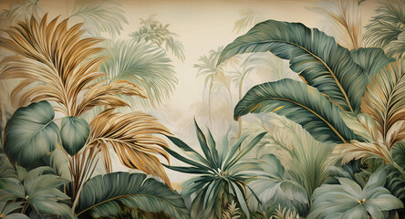 Obraz premium Colorful tropical jungle foliage with vintage undertones displaying lush, vibrant exotic leaves and natural beauty. Wallpaper