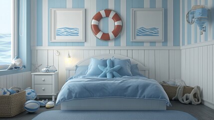 Cozy Coastal-Themed Bedroom with Blue Decor and Nautical Accent