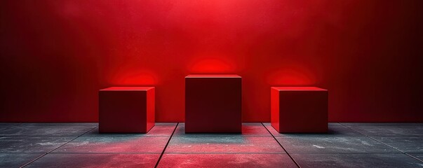Three red cubes on textured background in minimalist composition
