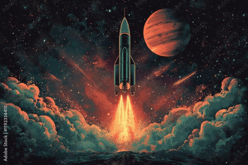 Poster retro-style rocket ship soaring through space with planet backdrop