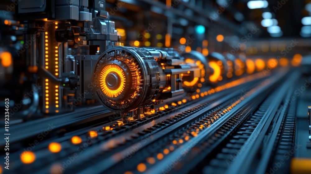 Poster advanced industrial machinery in a high-tech factory setting with bright neon lights and intricate m
