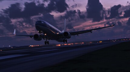 Airplane Taking Off at Dusk with Dramatic Sky and Clouds