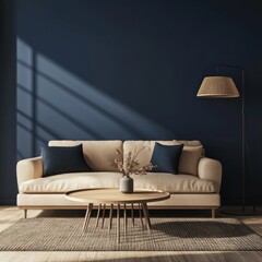 Modern living room interior with beige sofa, wooden coffee table, floor lamp, and blue wall.
