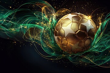 Golden soccer ball amidst dynamic green and gold swirls