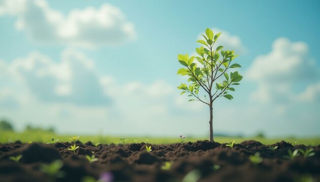 Green Tree Sapling Growing in Fertile Soil Representing Environmental Sustainability and Future Potential