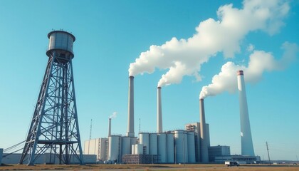 Power station with tall chimneys emitting smoke and a water tower against a clear blue sky, Industrial theme.