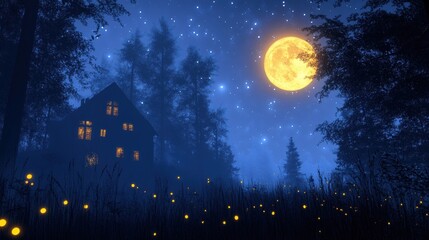 Naklejka premium Mystical Night Landscape with House and Full Moon in Forest