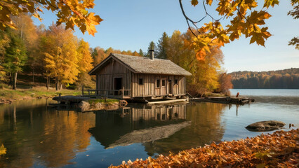 Fototapeta premium The autumn scene depicts a cozy wooden hut located on the shore of a calm lake. Around the house are trees with golden and bright red leaves.