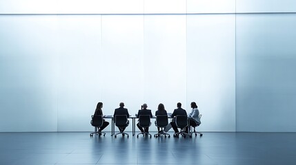 Businesspeople seated at a long table in a modern conference room, viewed from behind.