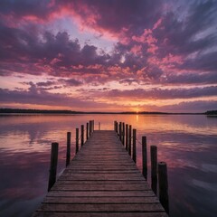 Obraz premium A sunset lake scene with pink and purple clouds and a wooden pier.