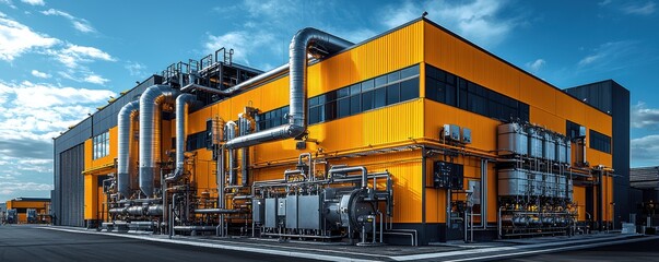 High-tech yellow biogas engine in industrial setting at sunset