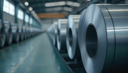 Long line of large rolled steel coils in a factory, manufacturing and production concept