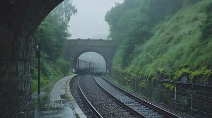 Fototapeta premium Rainy day train exiting tunnel, lush greenery, Scotland travel