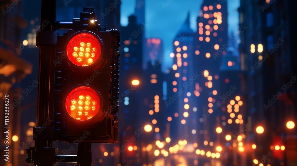 Poster a close-up of a traffic light showing the red signal, illuminated against a dark city background wit