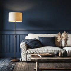 Cozy living room interior with beige sofa, floor lamp, and wooden coffee table.