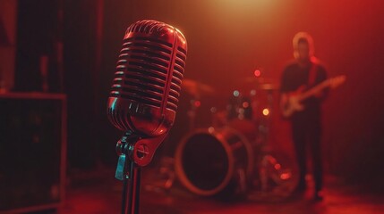 Fototapeta premium A close-up of a vintage-style microphone with a classic design, placed against a dark background, capturing its glossy metal finish and retro charm