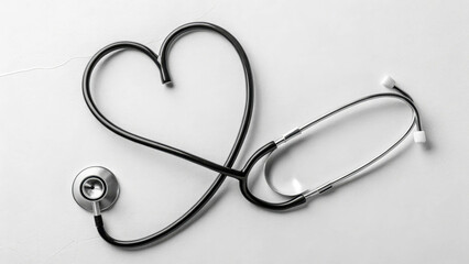 White background with single stethoscope curled into heart shape. Laconic composition emphasizing purity and professionalism.